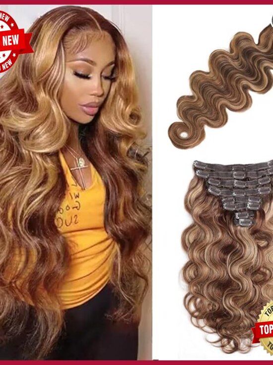 26 Inch Clip In Human Hair Extensions Body Wave 8 Piece Set